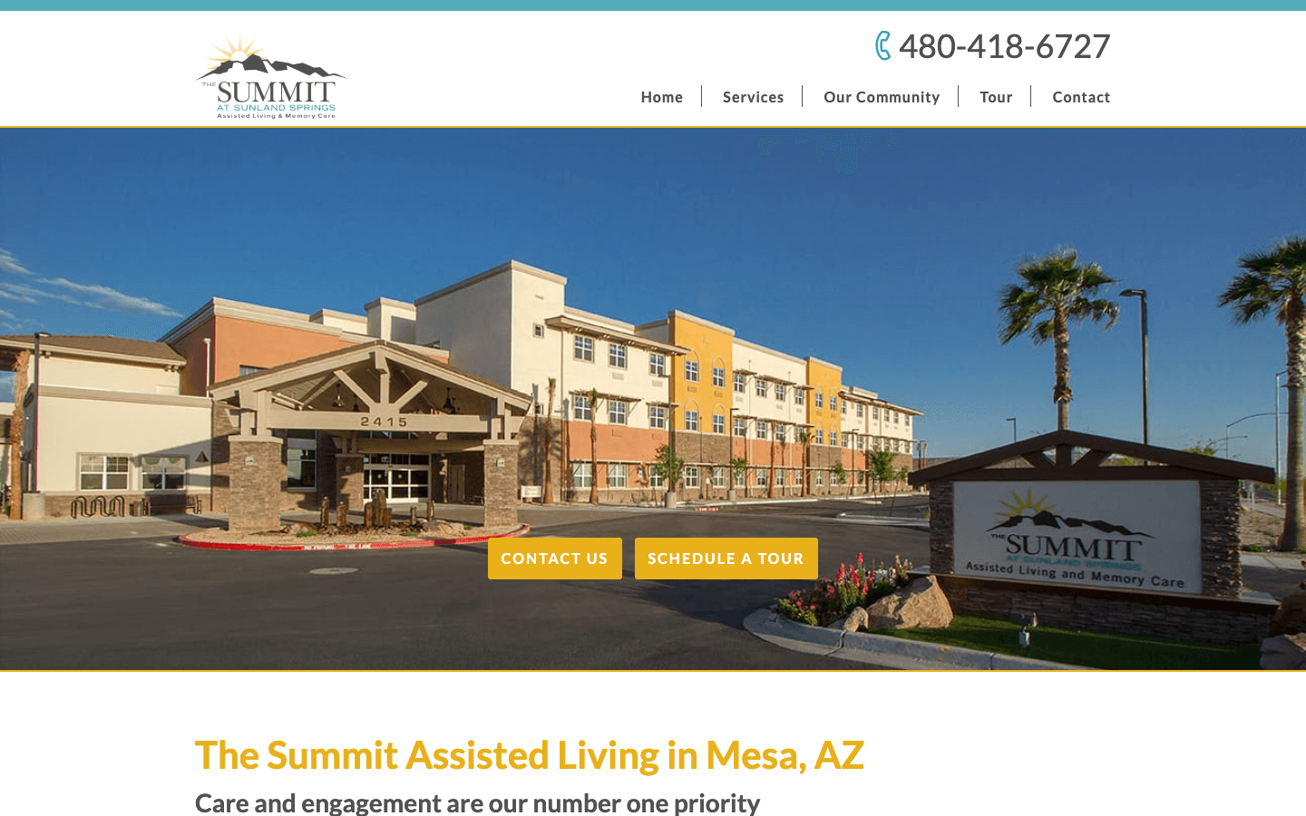 The Summit at Sunland Springs location website showing assisted living services specific to that community
