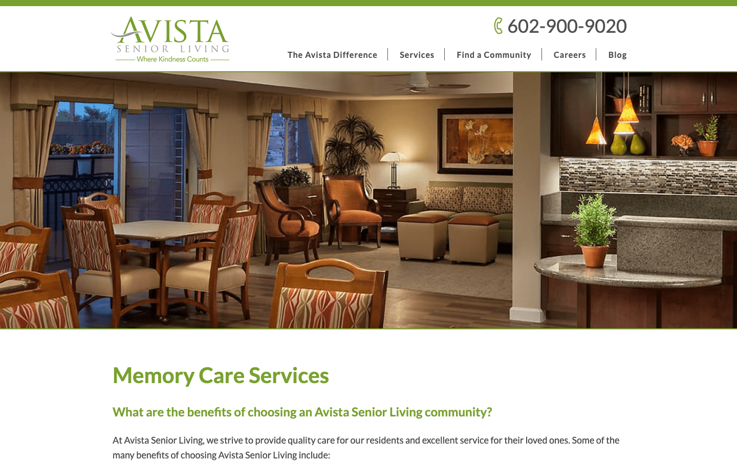 Avista Senior Living memory care services page configured at the community level