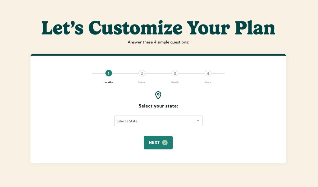 Bugsdrop guided plan builder on the location step asking customers to select their state