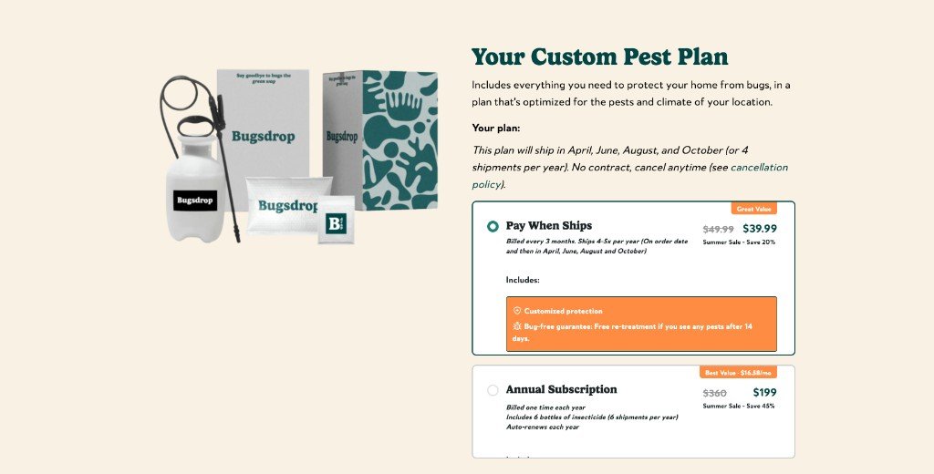 Bugsdrop recommended custom pest plan with subscription options based on household details