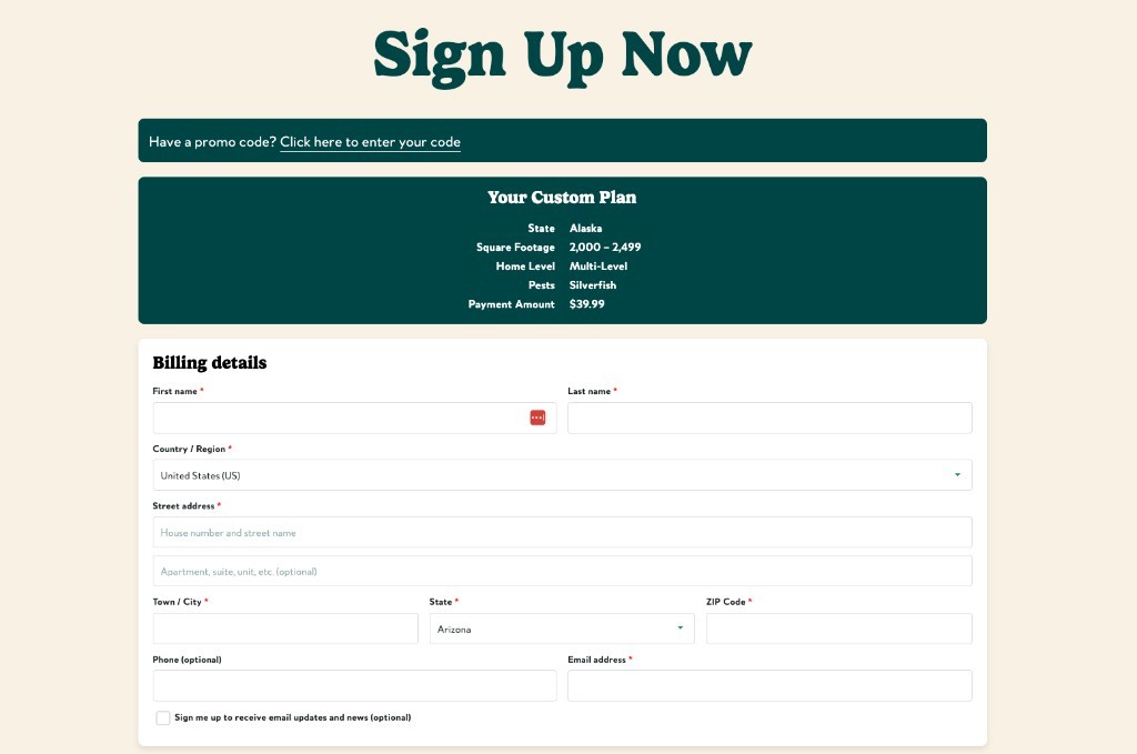 Bugsdrop checkout showing the custom plan summary and billing details form