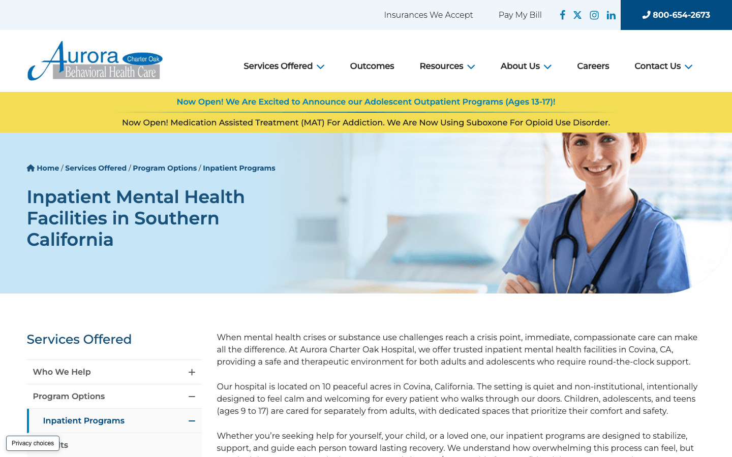 Charter Oak Hospital inpatient program page showing structured behavioral health content