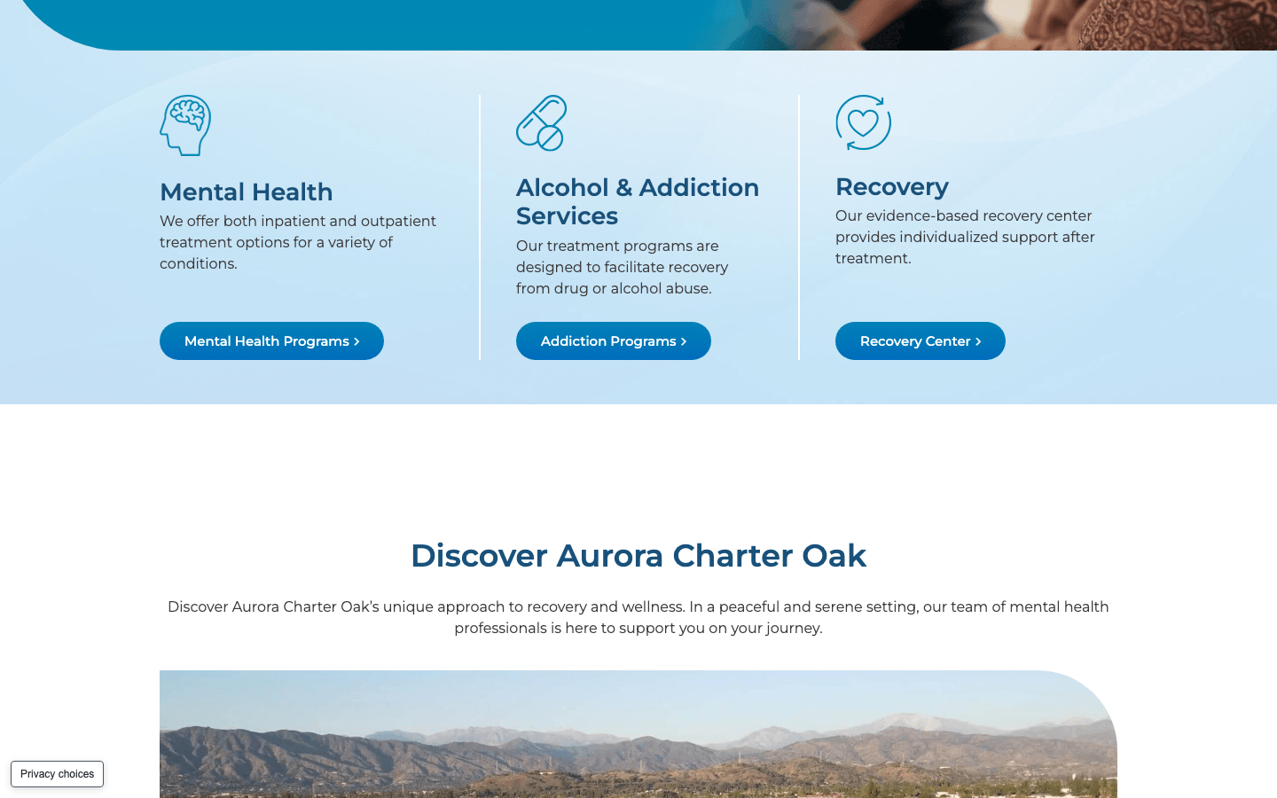Charter Oak Hospital WordPress website showing behavioral health service pathways