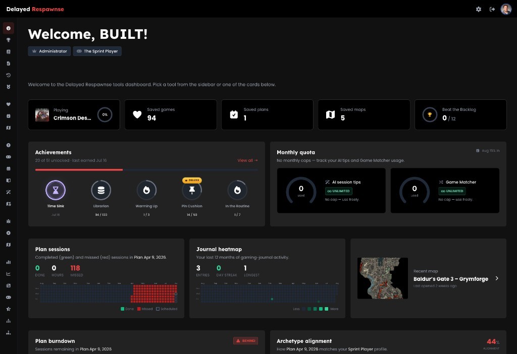Delayed Respawnse dashboard showing achievements, plan sessions, journal activity, and player tools