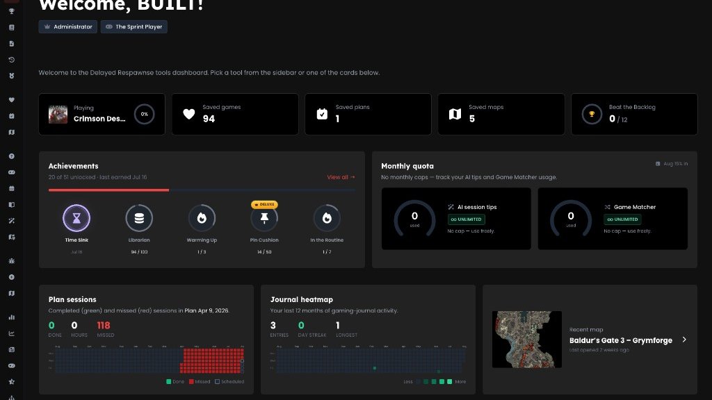 Delayed Respawnse dashboard showing achievements, plan sessions, journal activity, and player tools
