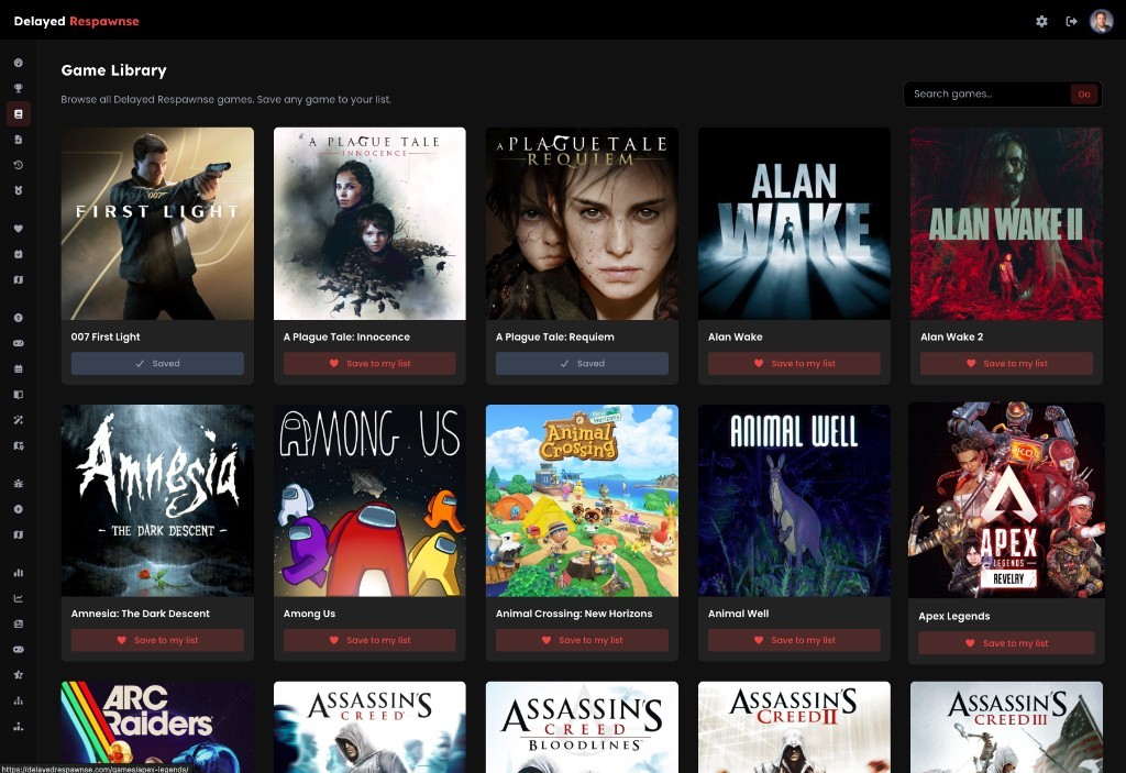 Game Library showing browsable catalogue with game cards, save buttons, and search functionality