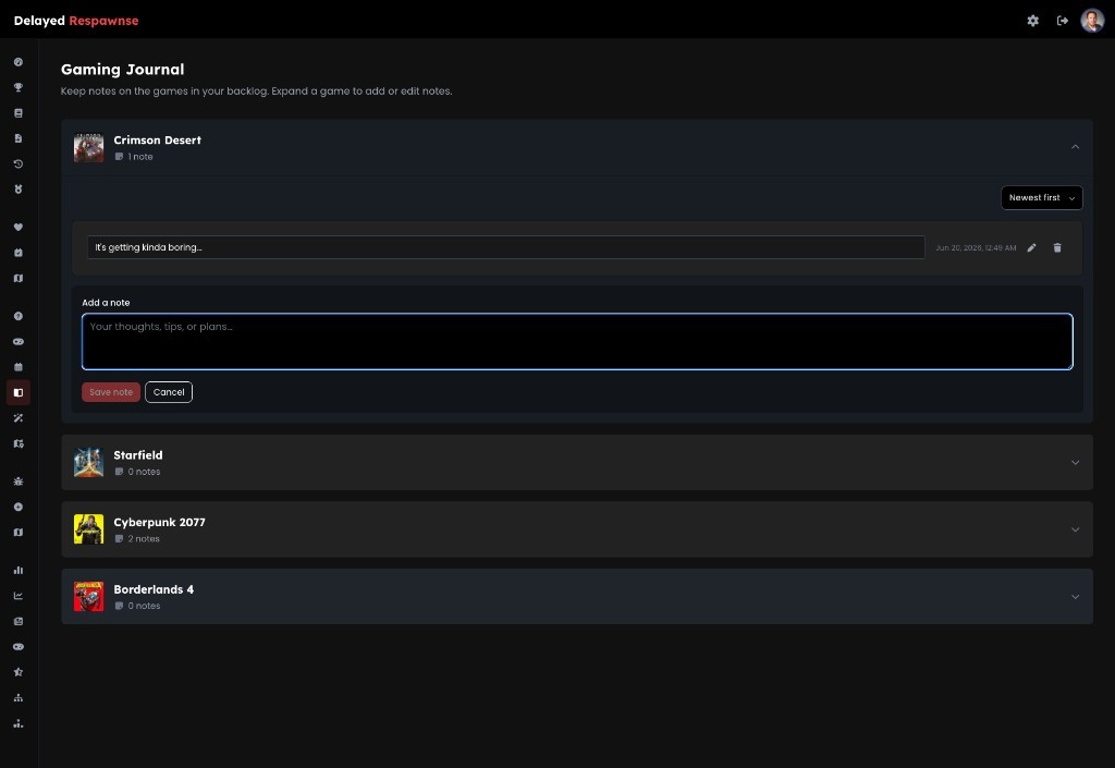 Gaming Journal showing notes for multiple games with expandable entries and note management