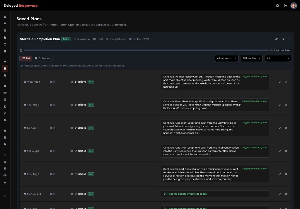 Saved Plans showing an active Starfield Completion Plan with session schedule and progress tracking
