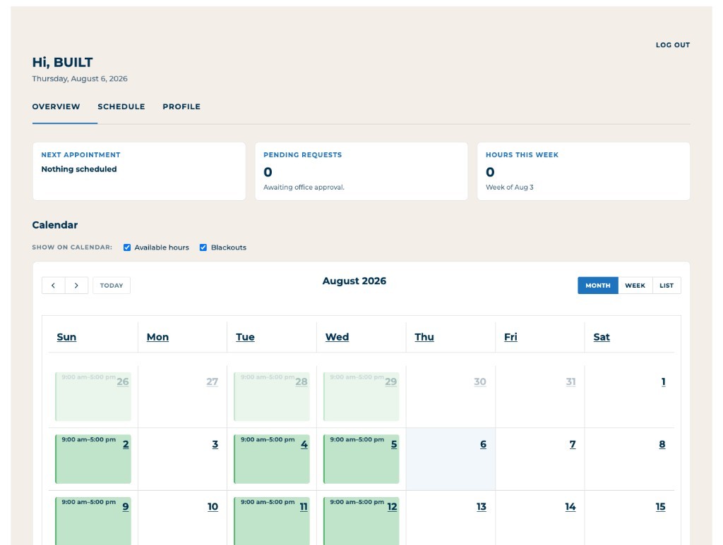 Endeavor provider portal calendar showing available hours and schedule overview