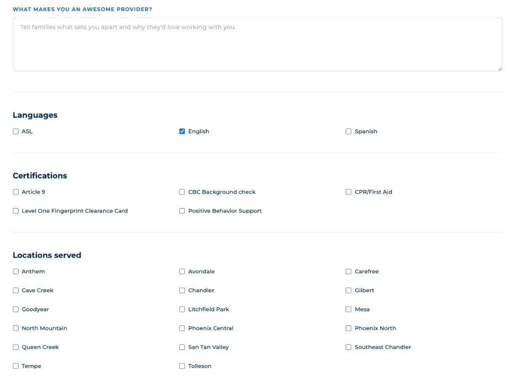 Endeavor provider onboarding form covering provider strengths, languages, certifications, and locations served