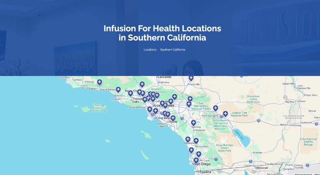 Infusion for Health location finder showing infusion centers connected to a shared location data system