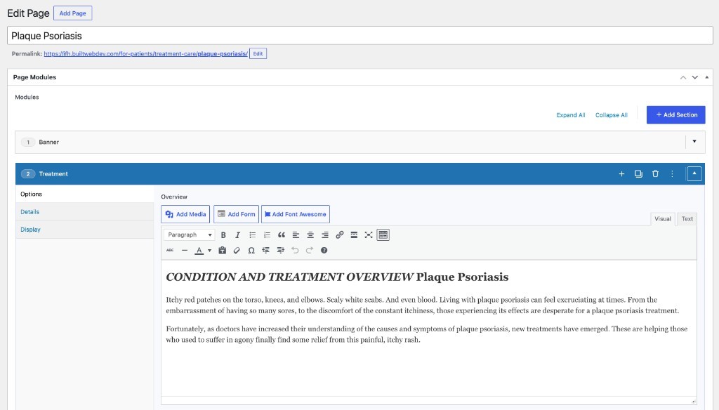 Infusion for Health WordPress editor showing a structured ACF content module