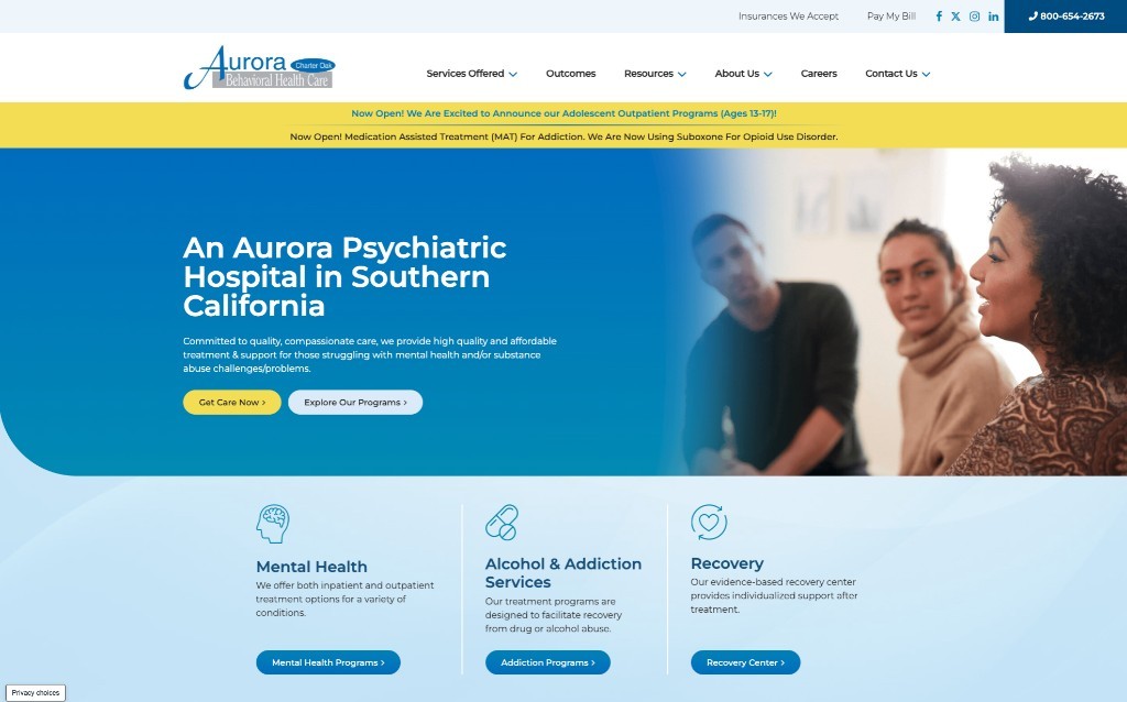 Aurora Behavioral Health Care homepage delivered through the MWI partnership
