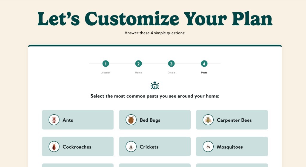 Custom pest-control plan builder collecting location, home, and pest details for an MWI client