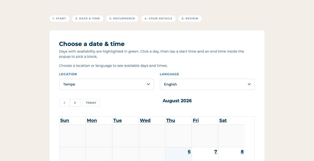Endeavor family booking interface for choosing a date, time, location, and language availability