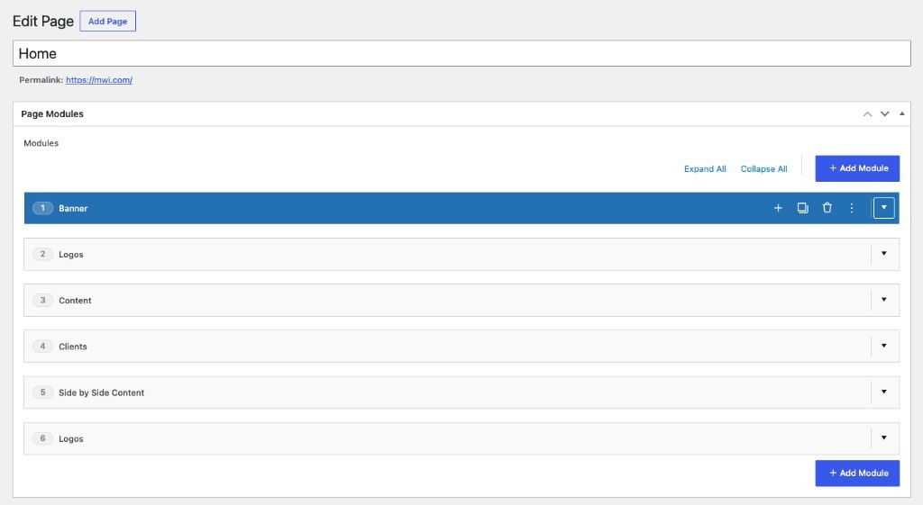 MWI WordPress page modules for assembling reusable Banner, Logos, Content, and Clients sections