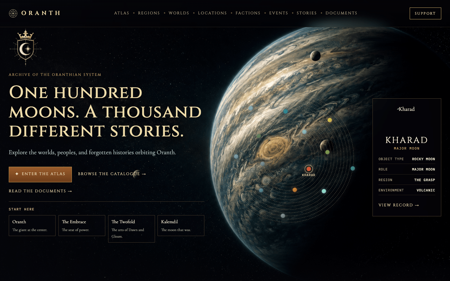 Oranthian homepage showing the interactive atlas of the Oranthian system with selected world details