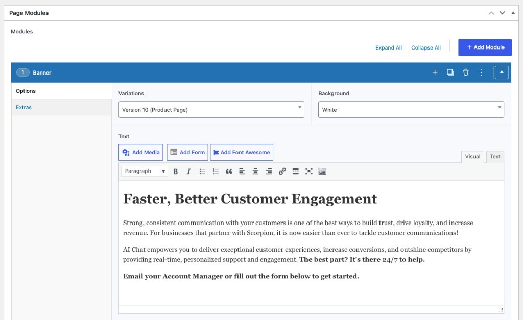 Structured Scorpion ACF module paired with its front-end website section