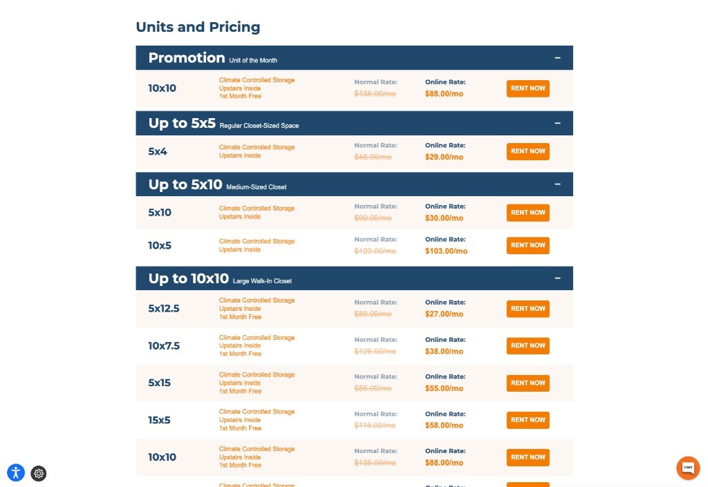 Unit availability screen showing sizes, pricing, and online rental options