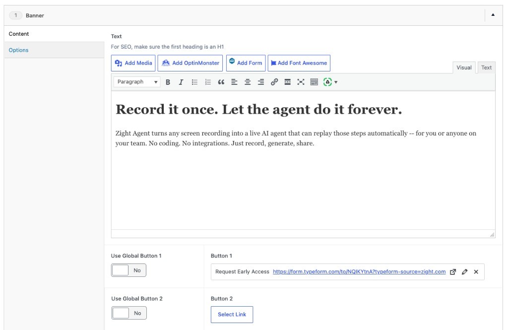 Zight Banner module editor supporting new Agent product messaging through ongoing development